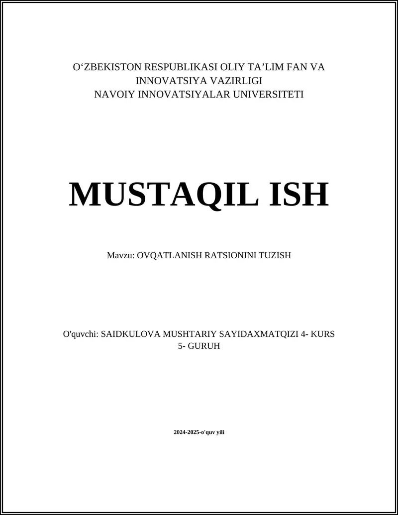 OVQATLANISH RATSIONINI TUZISH