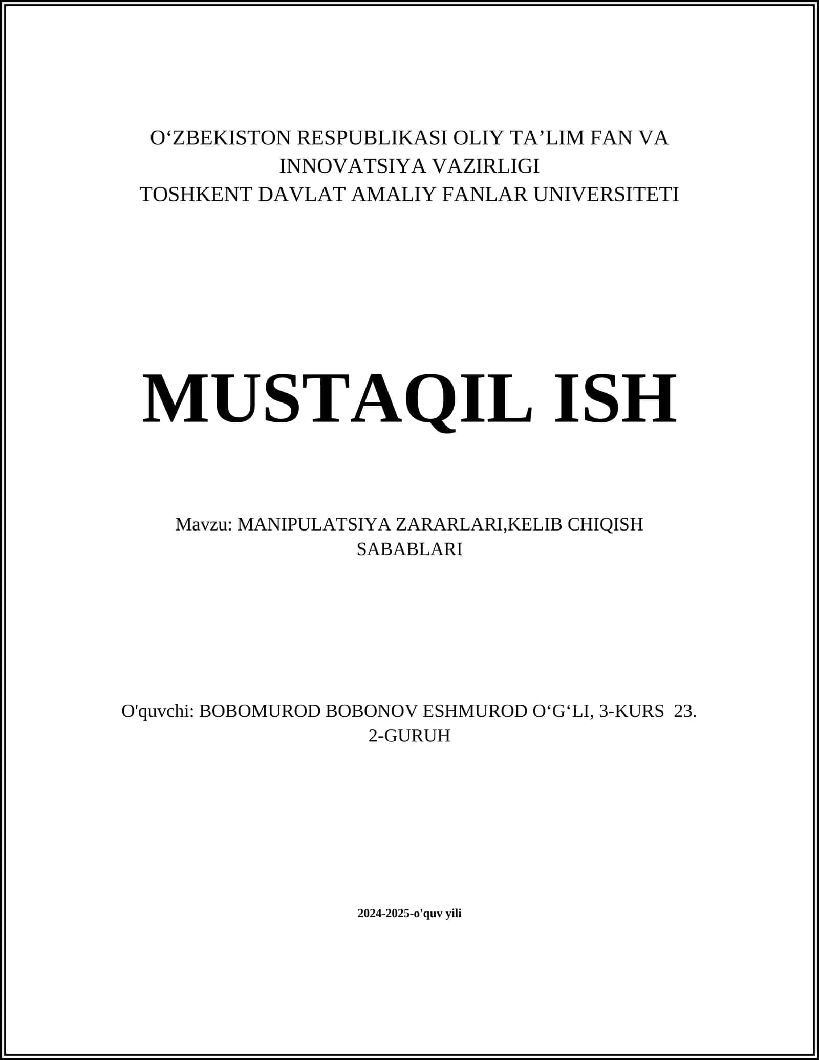 MANIPULATSIYA ZARARLARI,KELIB CHIQISH SABABLARI