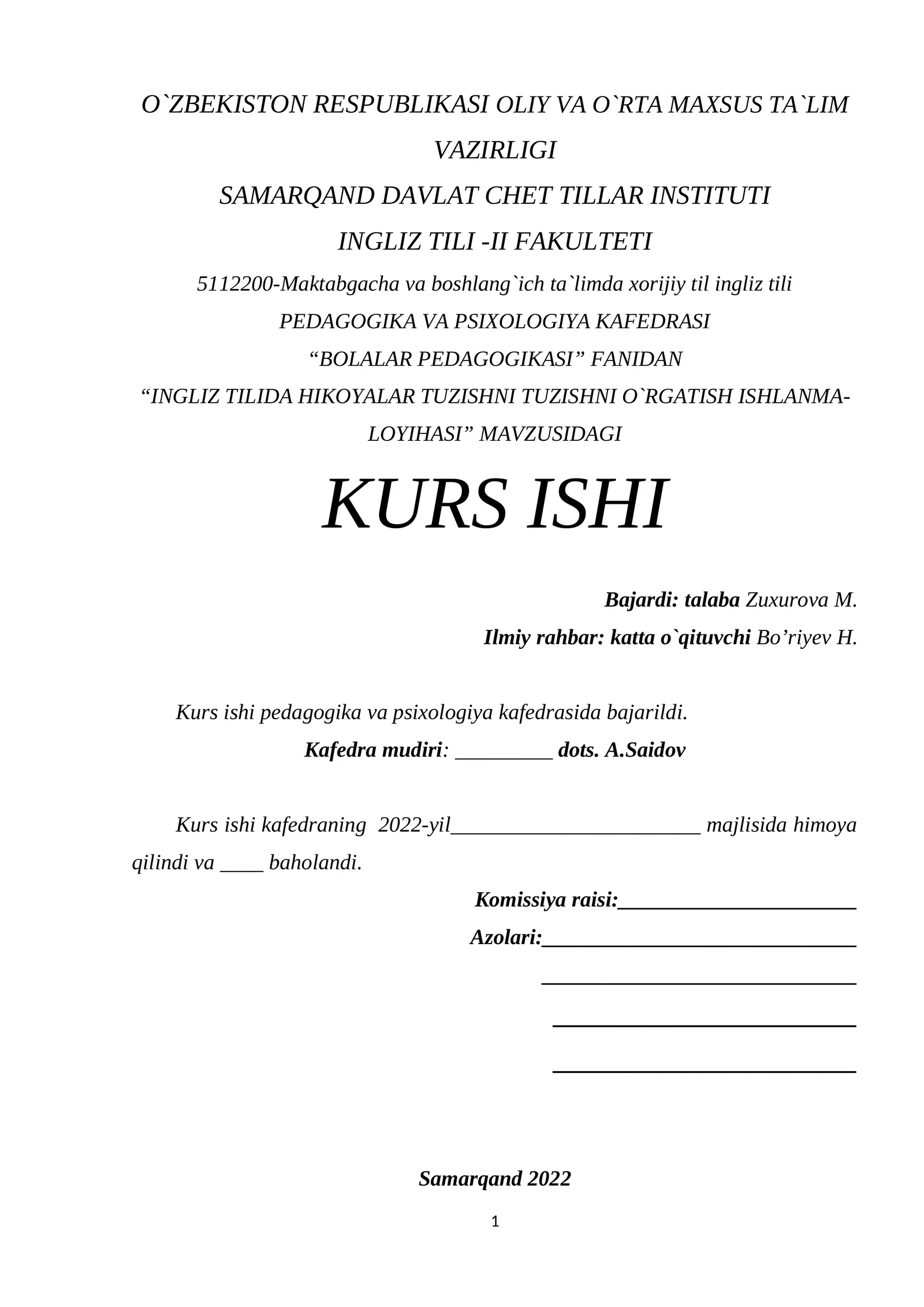 "INGLIZ TILIDA HIKOYALAR TUZISHNI TUZISHNI O`RGATISH ISHLANMA-LOYIHASI"