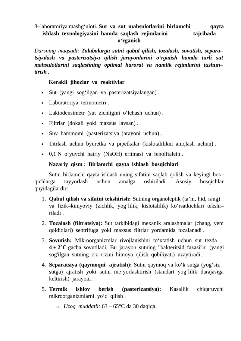 Sut va sut mahsulotlarini birlamchi qayta ishlash texnologiyasi