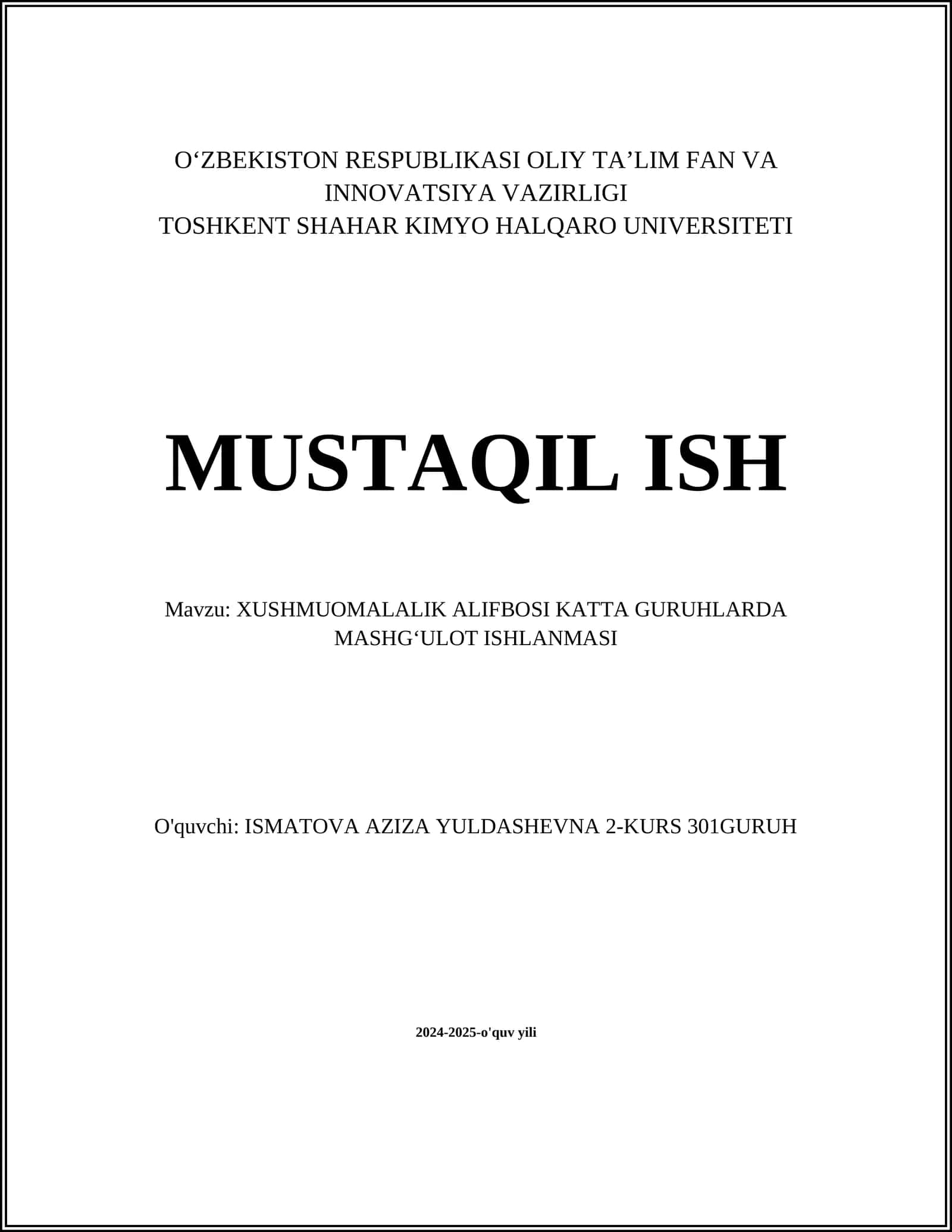 XUSHMUOMALALIK ALIFBOSI KATTA GURUHLARDA MASHGʻULOT ISHLANMASI