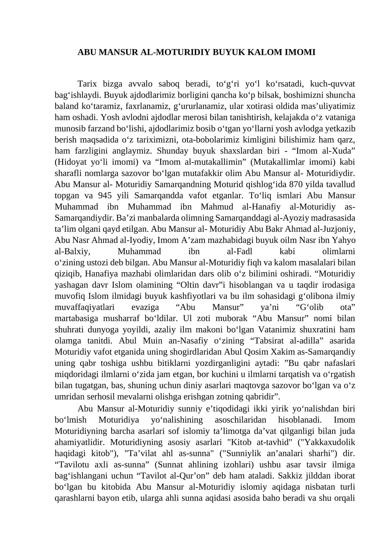 MAQOLA Abu Mansur Al-Moturudiy buyuk kalom imomi
