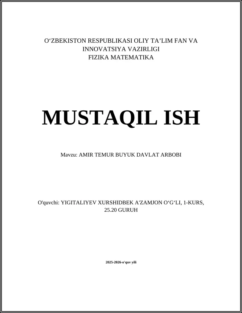 AMIR TEMUR BUYUK DAVLAT ARBOBI