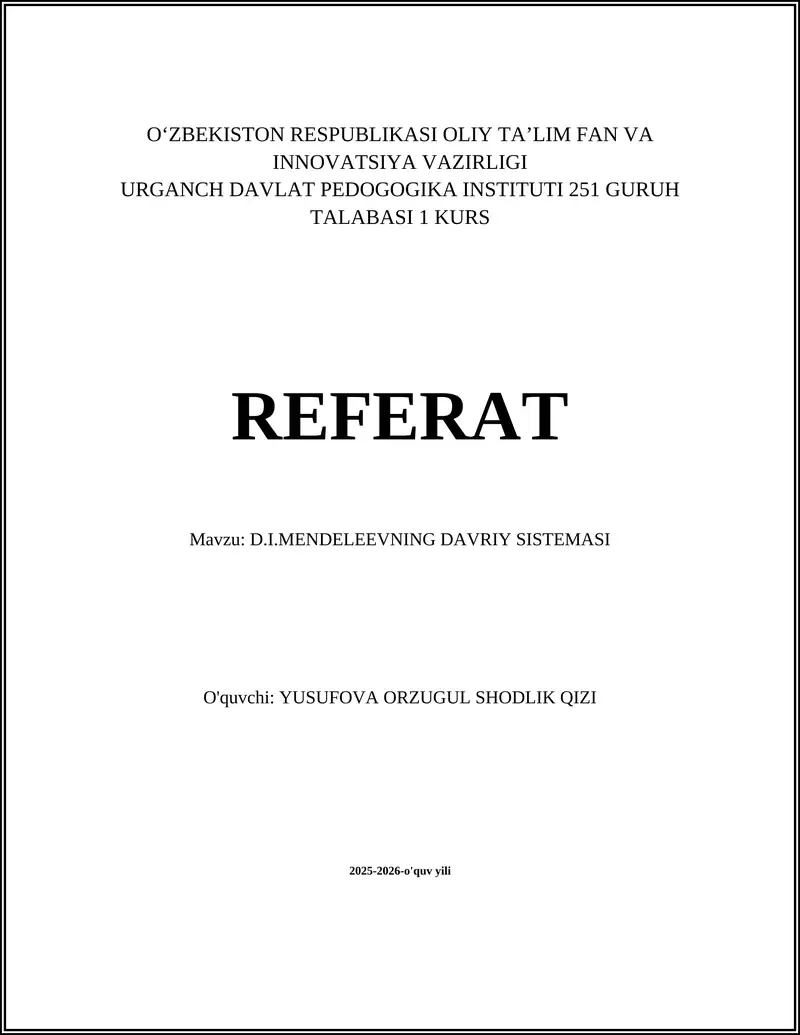 D.I.MENDELEEVNING DAVRIY SISTEMASI