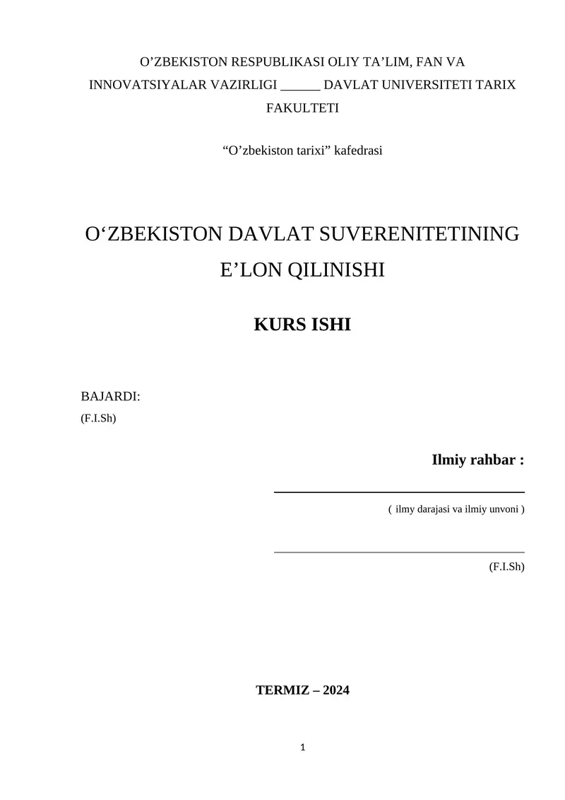 O'zbekiston Davlat Suverenitetining E'lon Qilinishi Kurs Ishi