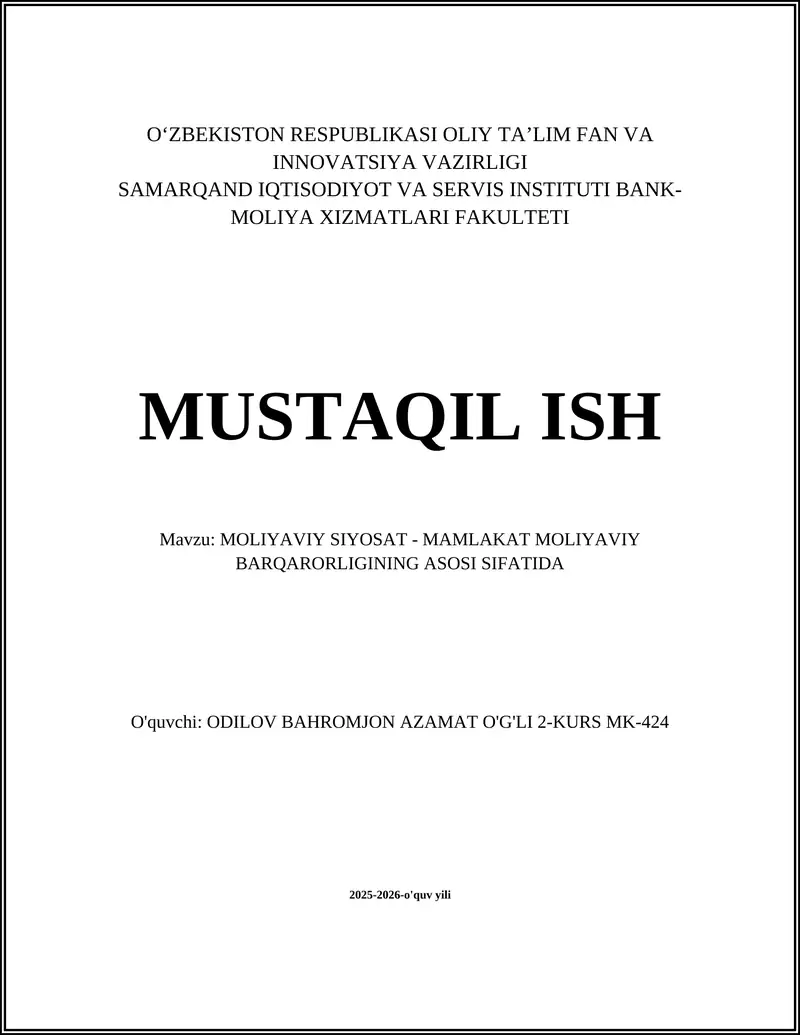 MOLIYAVIY SIYOSAT - MAMLAKAT MOLIYAVIY BARQARORLIGINING ASOSI SIFATIDA