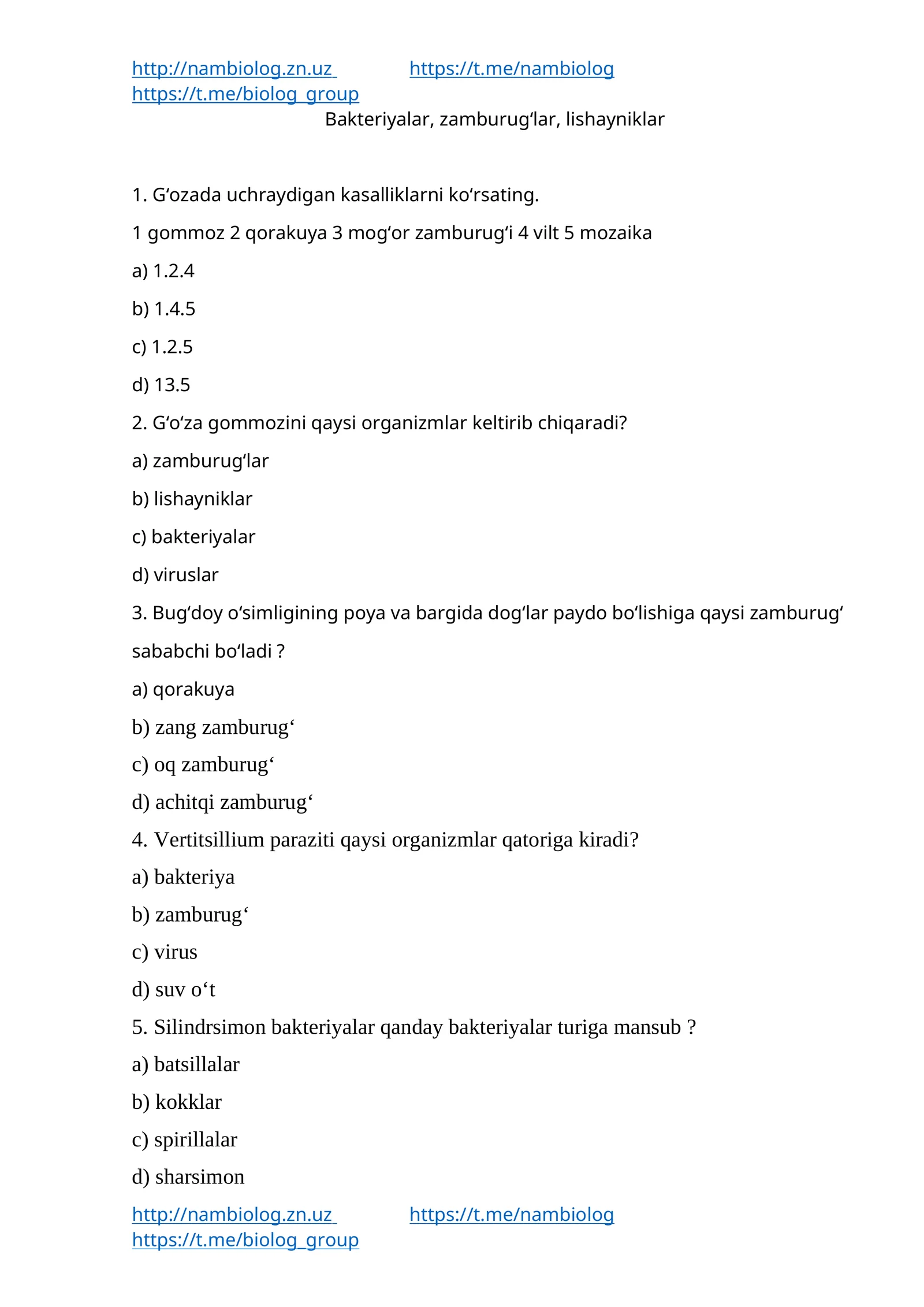 Biologiya Test Savollari