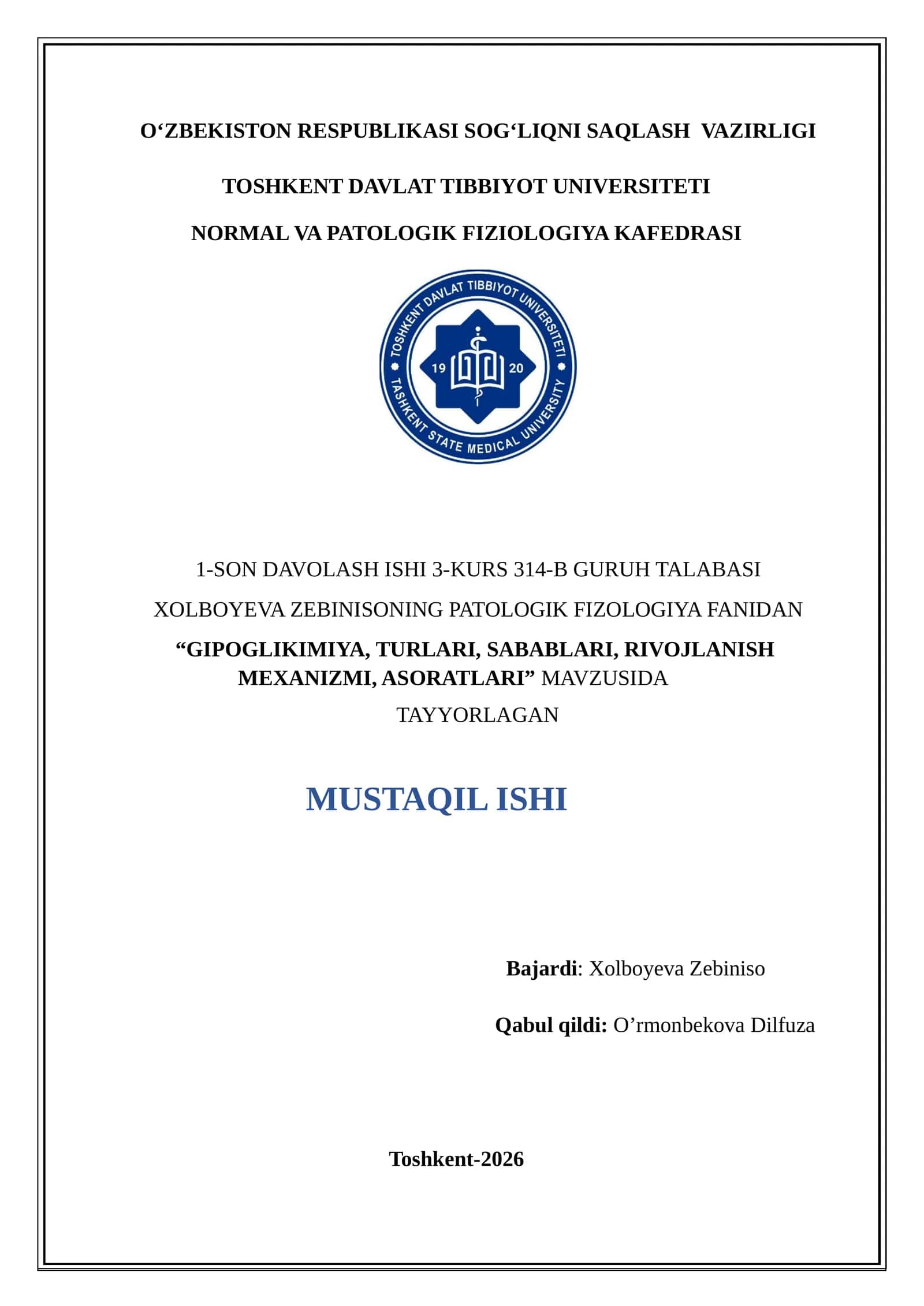 GIPOGLIKIMIYA, TURLARI, SABABLARI, RIVOJLANISH MEXANIZMI, ASORATLARI