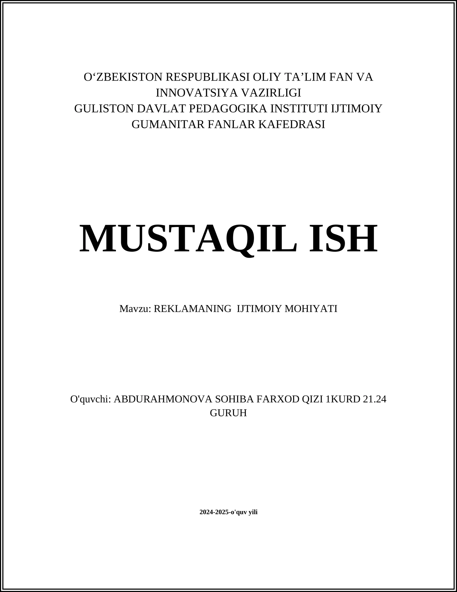 REKLAMANING IJTIMOIY MOHIYATI
