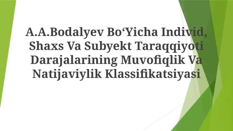 A.A.Bodalyev BoʻYicha Individ, Shaxs Va Subyekt Taraqqiyoti Darajalarining Muvofiqlik VaNatijaviylikKlassifikatsiyasi