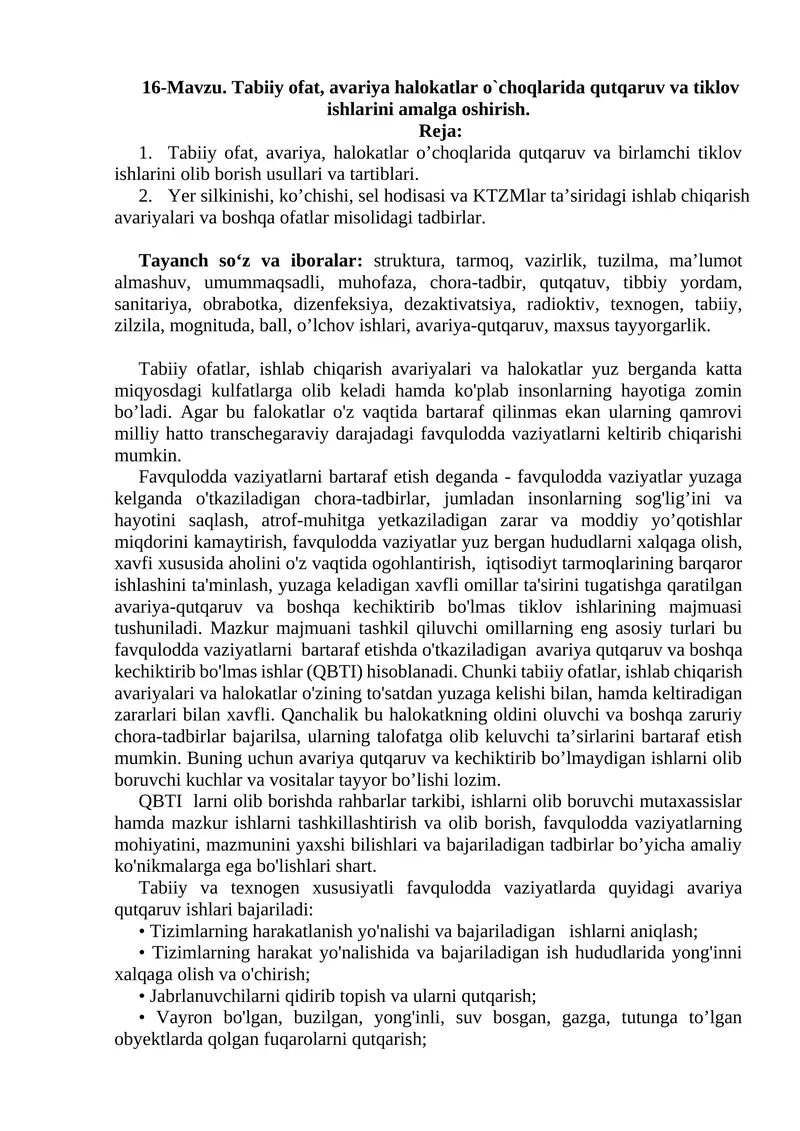 Tabiiy ofat, avariya halokatlar o`choqlarida qutqaruv va tiklov ishlarini amalga oshirish