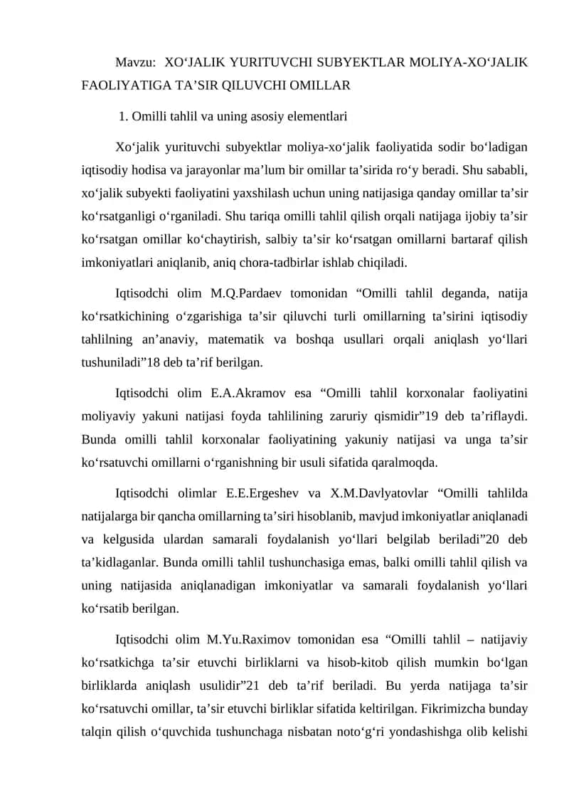 XO‘JALIK YURITUVCHI SUBYEKTLAR MOLIYA-XO‘JALIK FAOLIYATIGA TA’SIR QILUVCHI OMILLAR