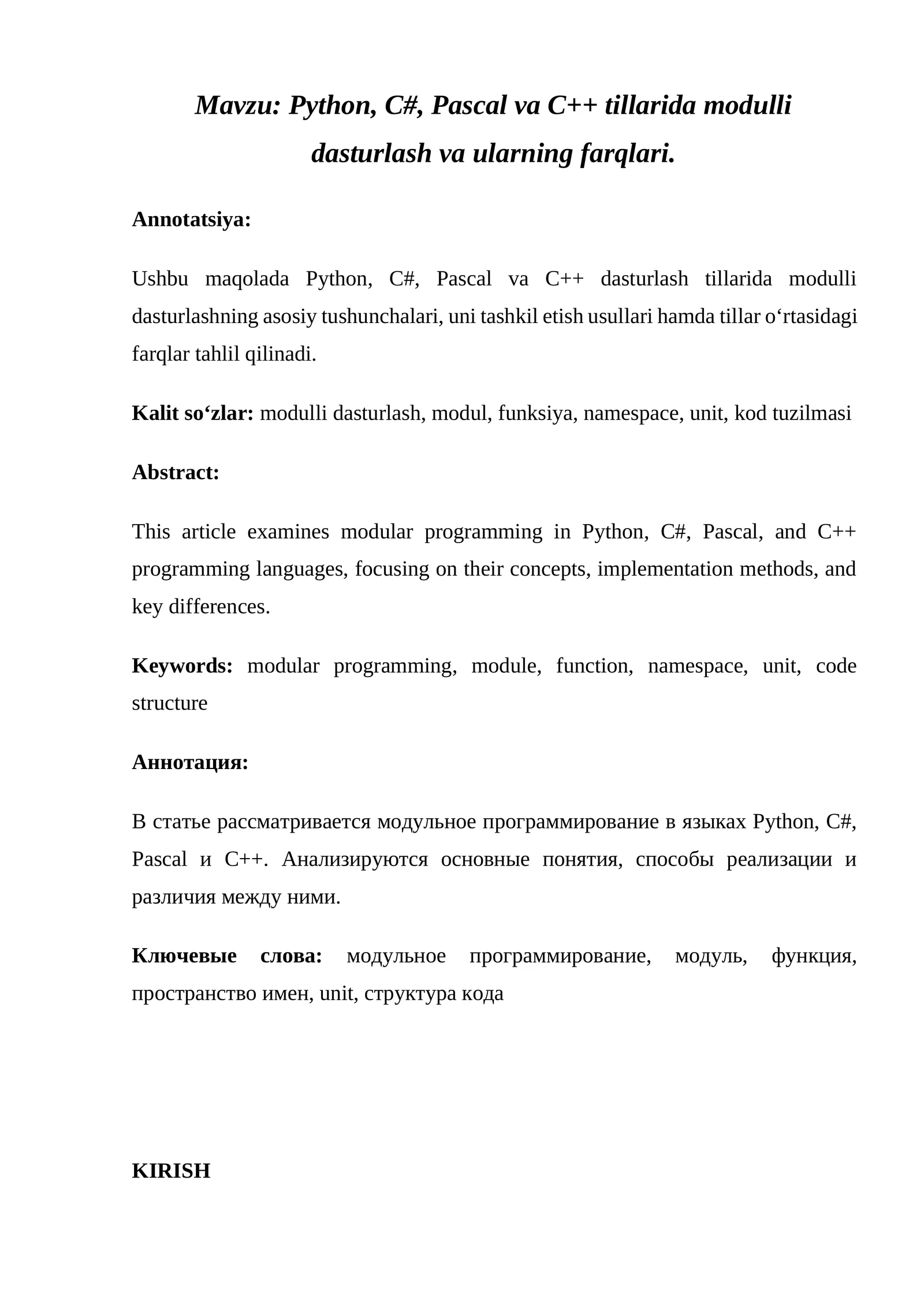 Python, C#, Pascal va C++ tillarida modulli dasturlash va ularning farqlari