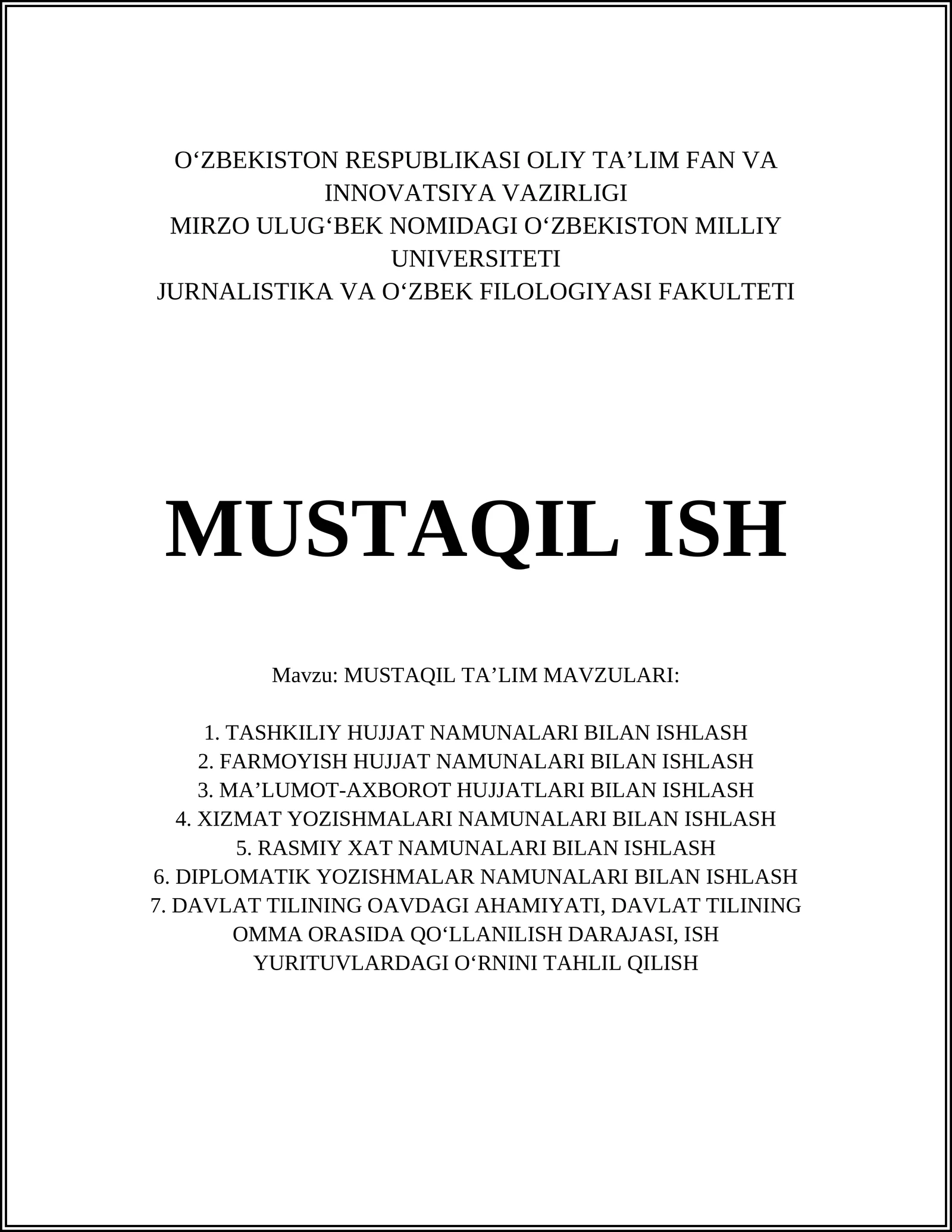 MUSTAQIL TA’LIM MAVZULARI