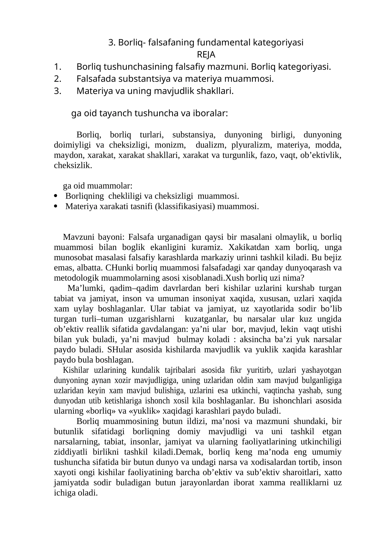 Borliq- falsafaning fundamental kategoriyasi