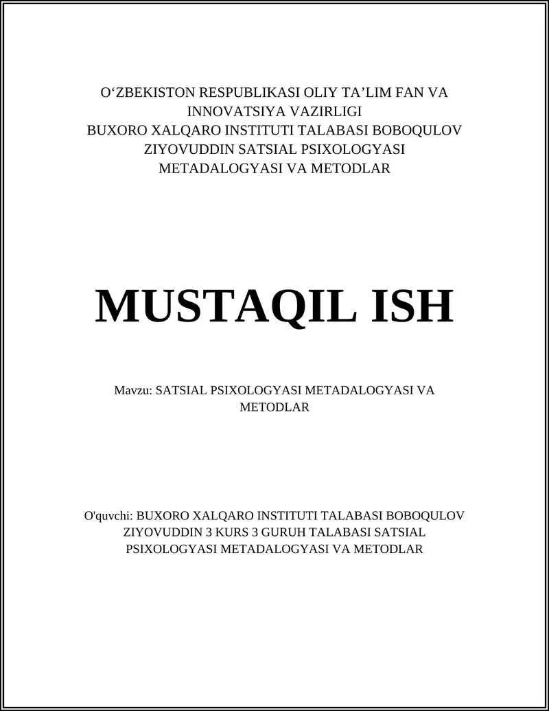 SATSIAL PSIXOLOGYASI METADALOGYASI VA METODLAR