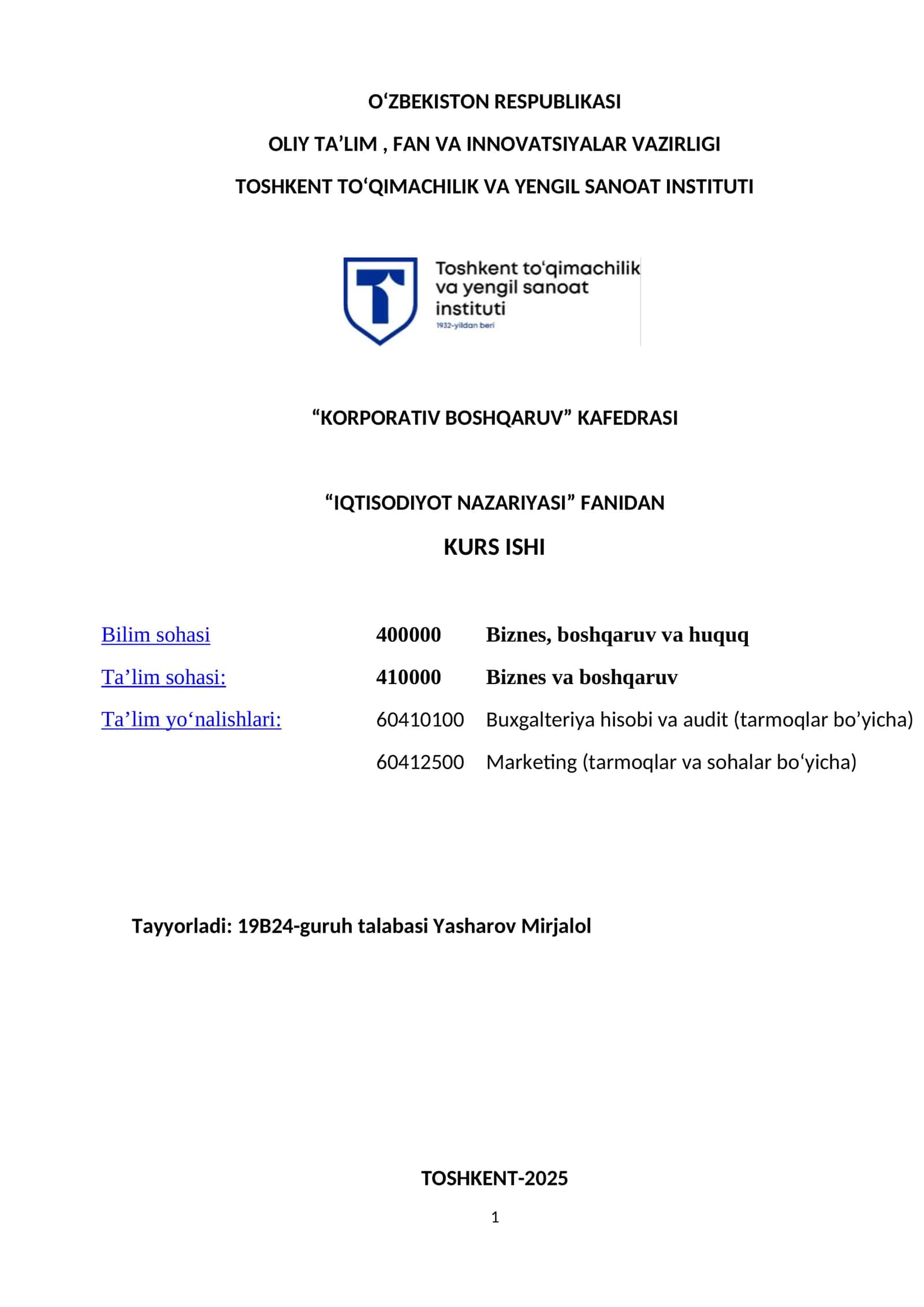 Iqtisodiyot Nazariyasi Kurs Ishi