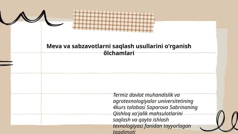 Meva va sabzavotlarni saqlash usullarini oʻrganish õlchamlari