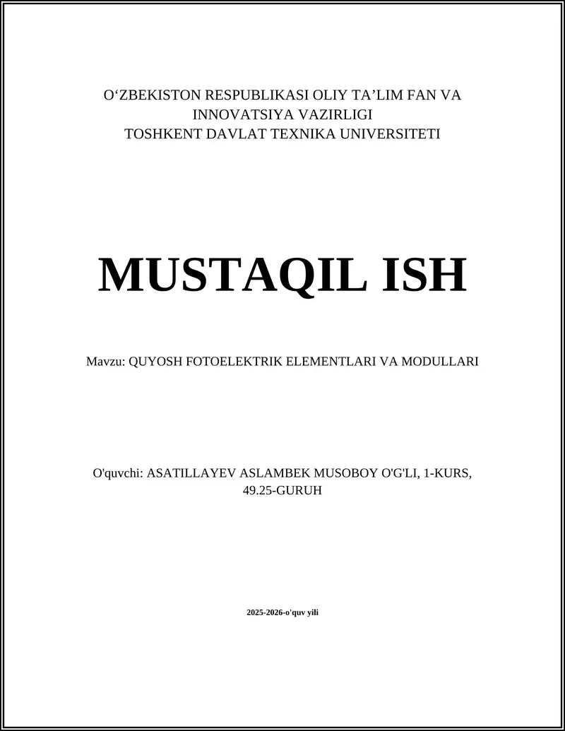 QUYOSH FOTOELEKTRIK ELEMENTLARI VA MODULLARI