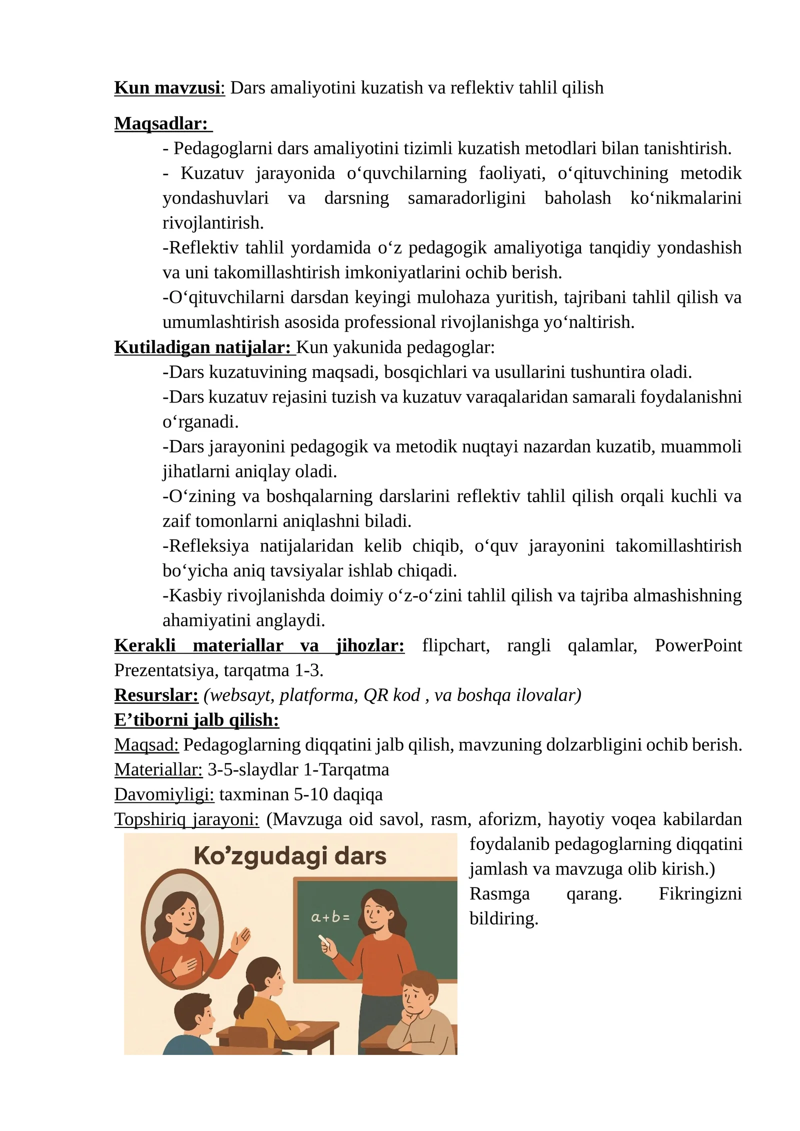 Kun mavzusi: Dars amaliyotini kuzatish va reflektiv tahlil qilish