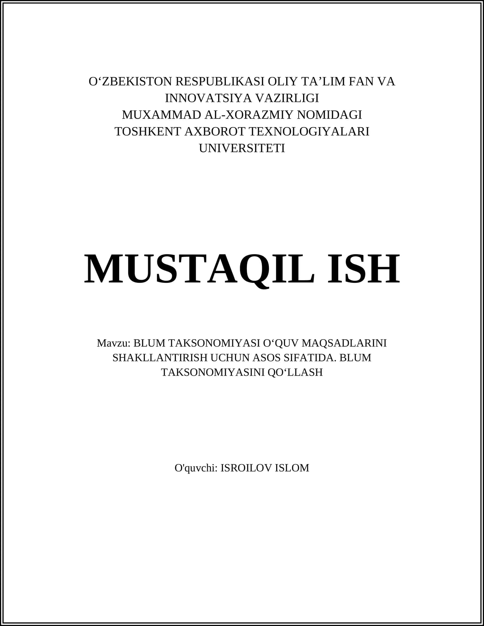 BLUM TAKSONOMIYASI O‘QUV MAQSADLARINI SHAKLLANTIRISH UCHUN ASOS SIFATIDA