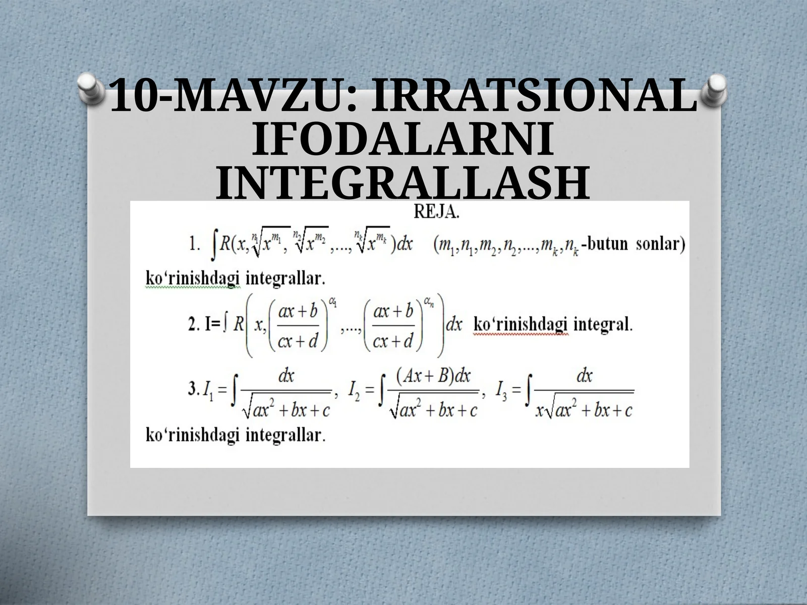 IRRATSIONALIFODALARNI INTEGRALLASH