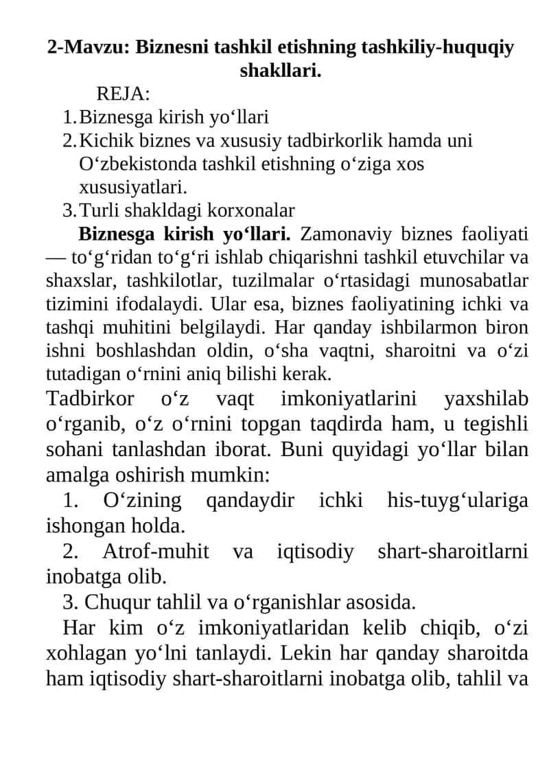 Biznesni tashkil etishning tashkiliy-huquqiy shakllari