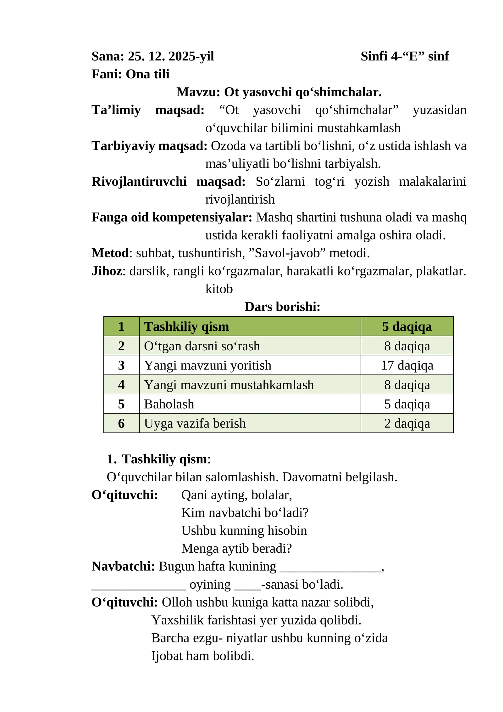 4-sinf Ona tili fanidan Ot yasovchi qo'shimchalar 2-chorak 85-89-mavzular dars ishlanmasi