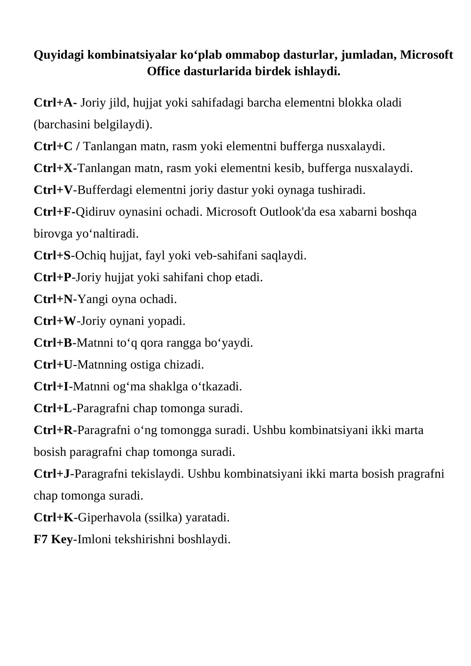 Microsoft Office dasturlari kombinatsiyalari