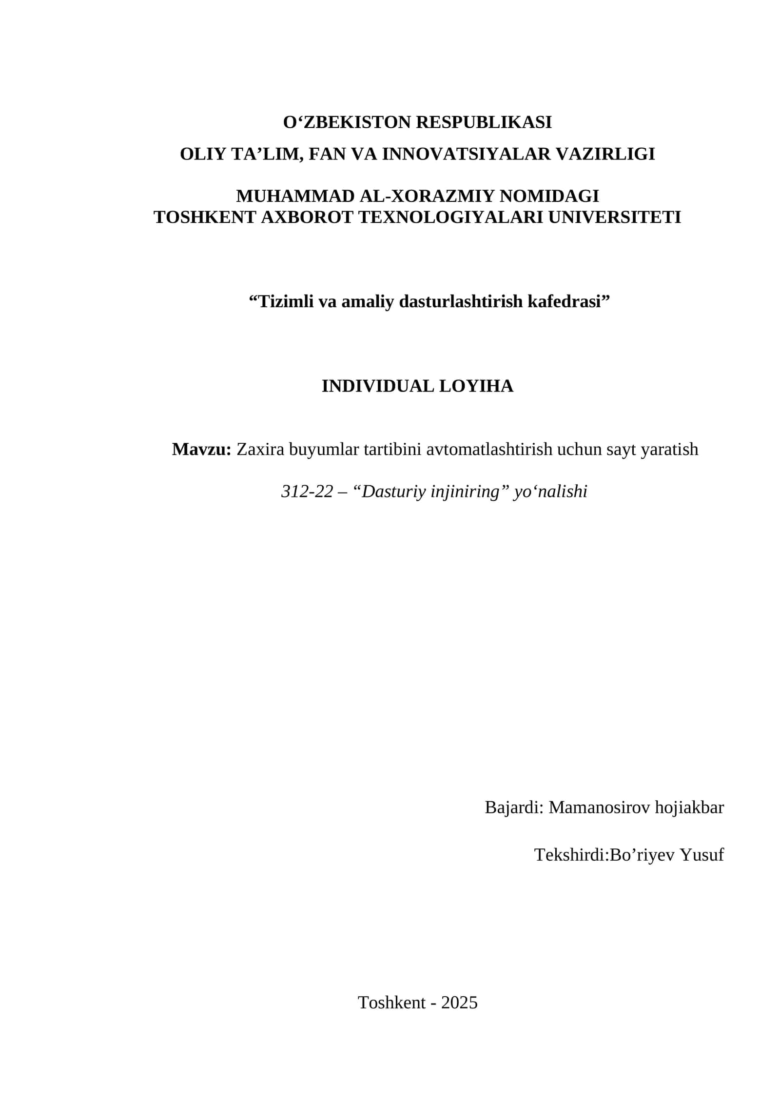 Zaxira buyumlar tartibini avtomatlashtirish uchun sayt yaratish