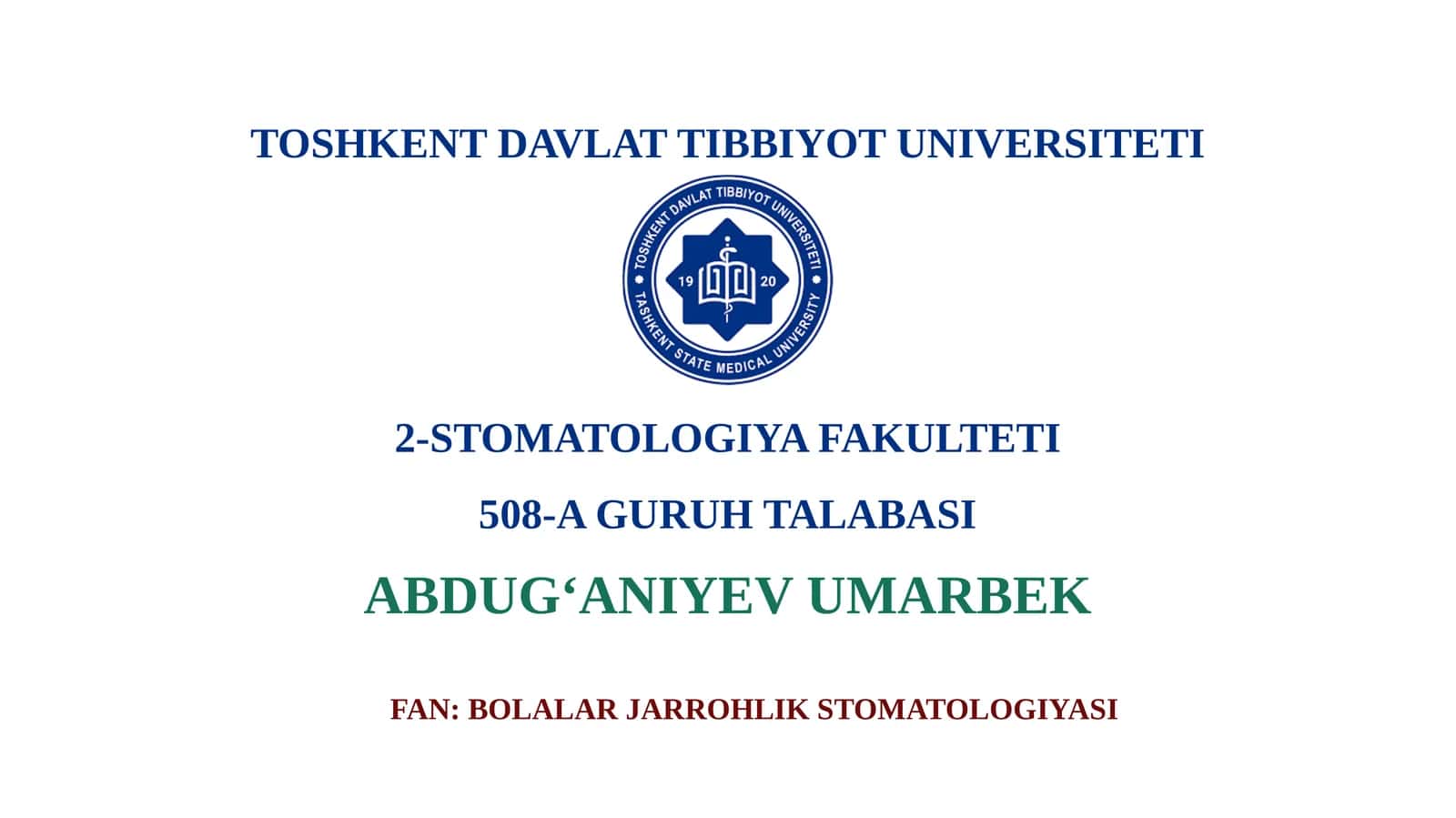 BOLALAR STOMATOLOGIYASIDA OG‘RIQSIZLANTIRISHBOLALARDA TISHLARNI OLISH