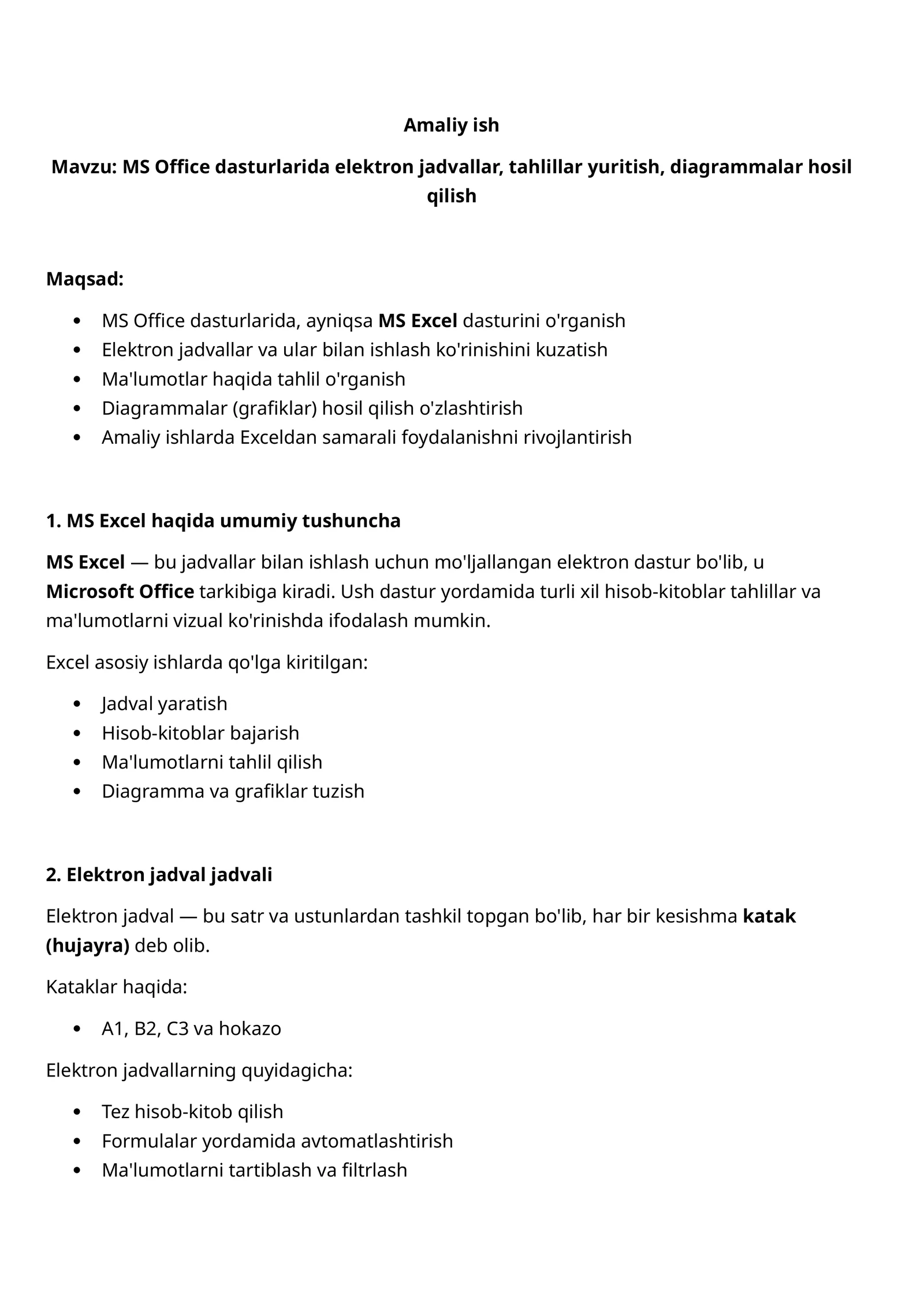 MS Office dasturlarida elektron jadvallar, tahlillar yuritish, diagrammalar hosil qilish