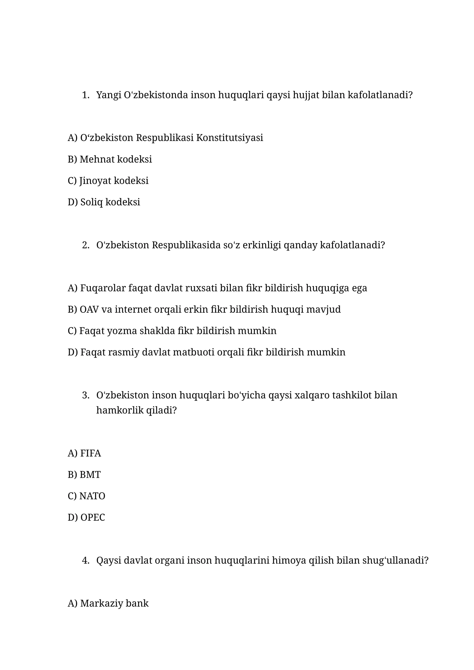 Huquqshunoslik Test Savollari