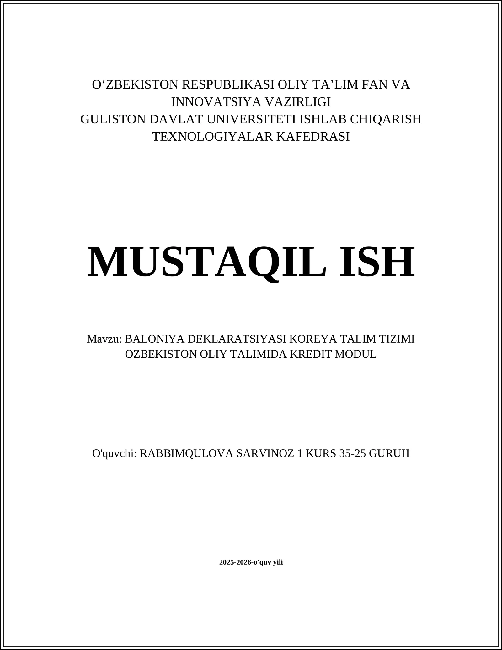 BALONIYA DEKLARATSIYASI KOREYA TALIM TIZIMI OZBEKISTON OLIY TALIMIDA KREDIT MODUL
