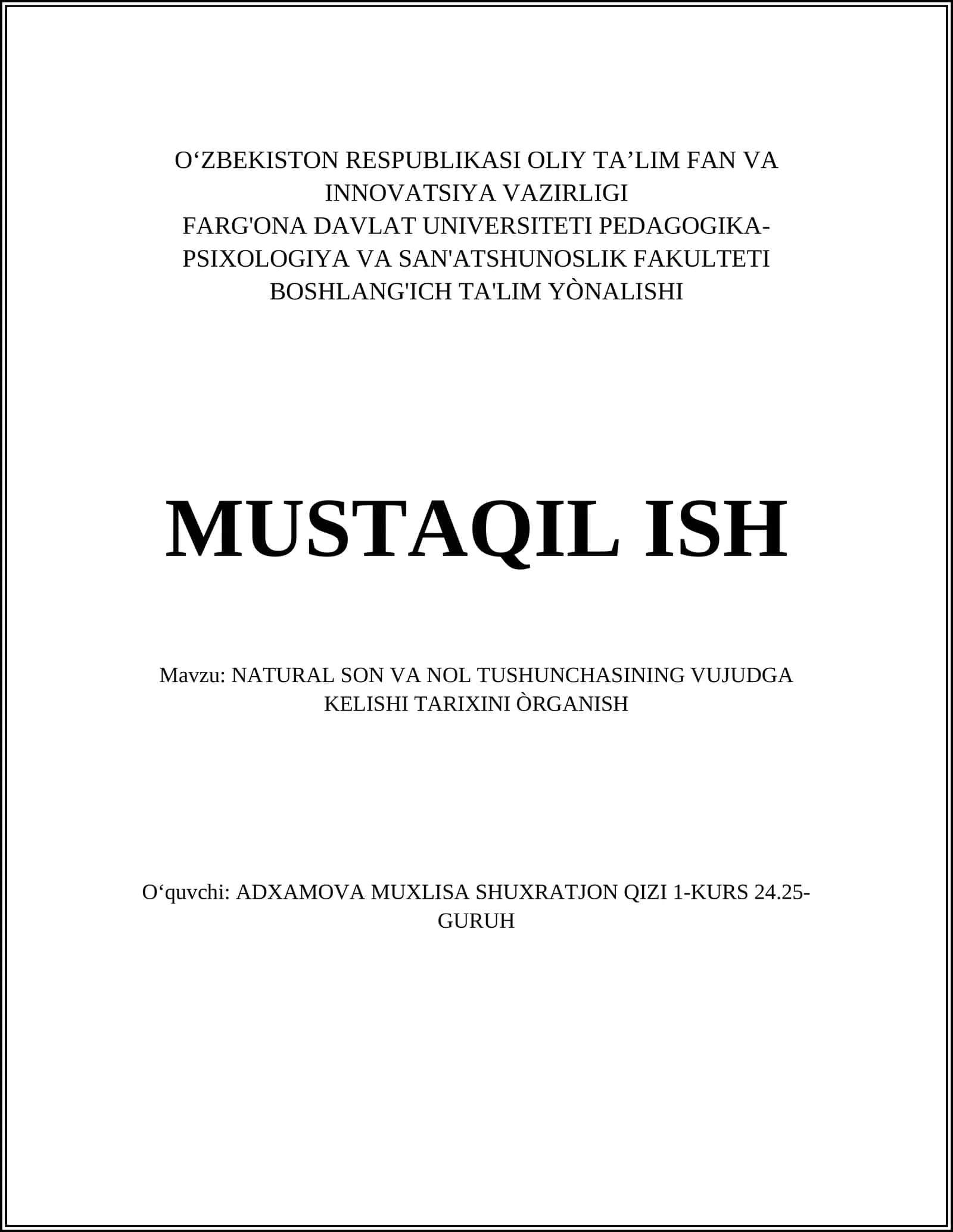 NATURAL SON VA NOL TUSHUNCHASINING VUJUDGA KELISHI TARIXINI ÒRGANISH