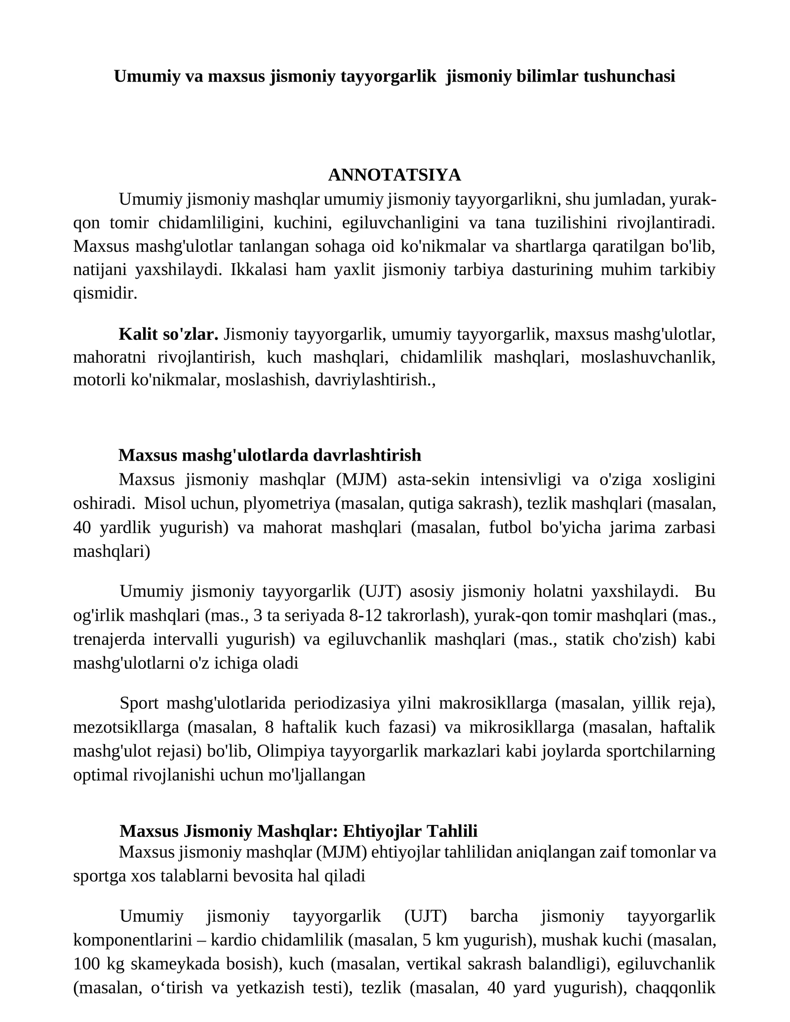 Umumiy va maxsus jismoniy tayyorgarlik jismoniy bilimlar tushunchasi