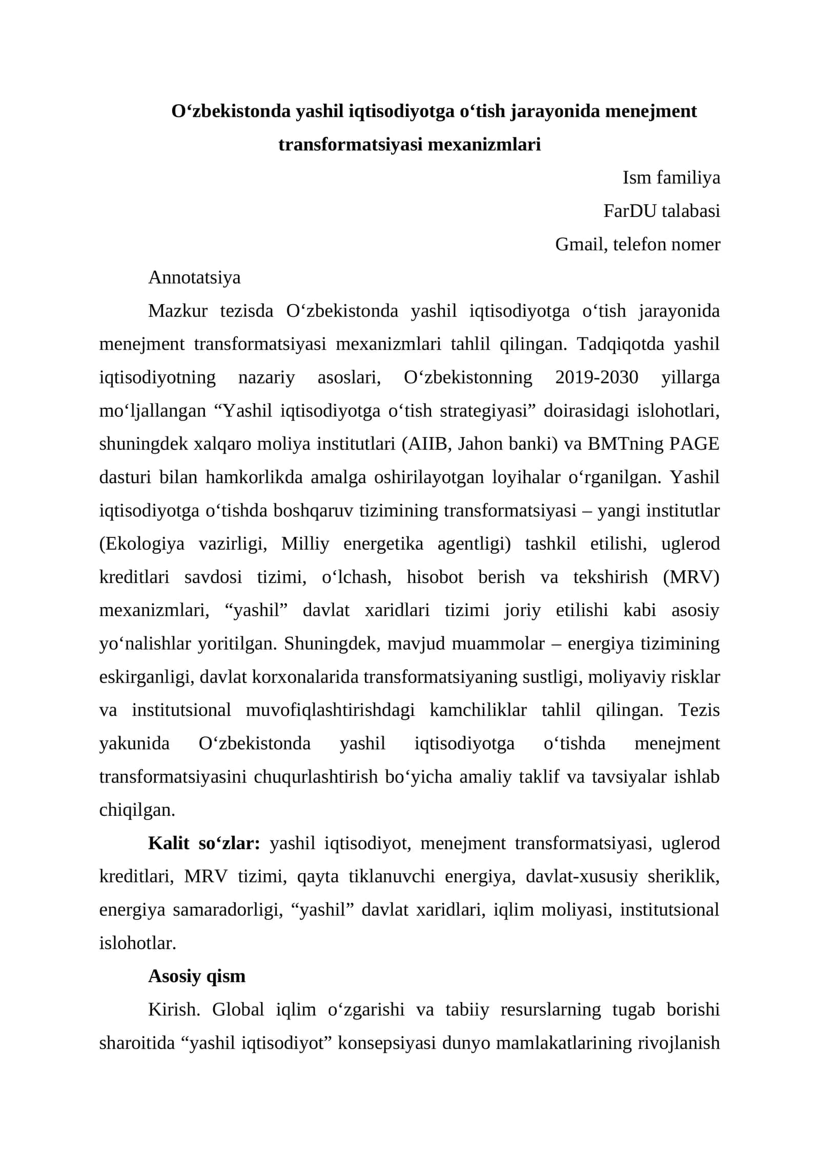 O‘zbekistonda yashil iqtisodiyotga o‘tish jarayonida menejment transformatsiyasi mexanizmlari