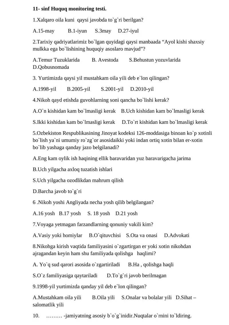 11- sinf Huquq monitoring testi.