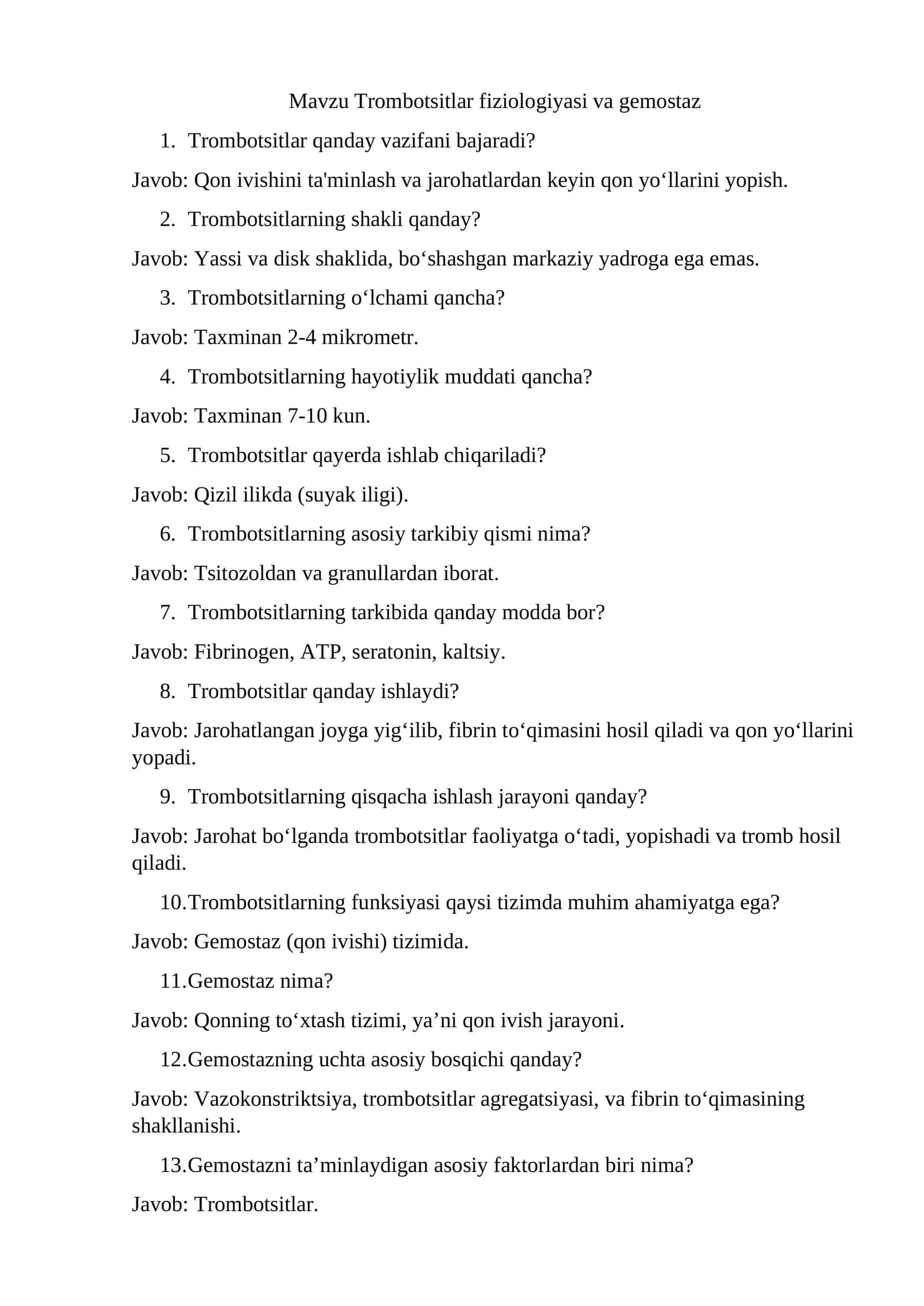 Trombotsitlar fiziologiyasi va gemostaz