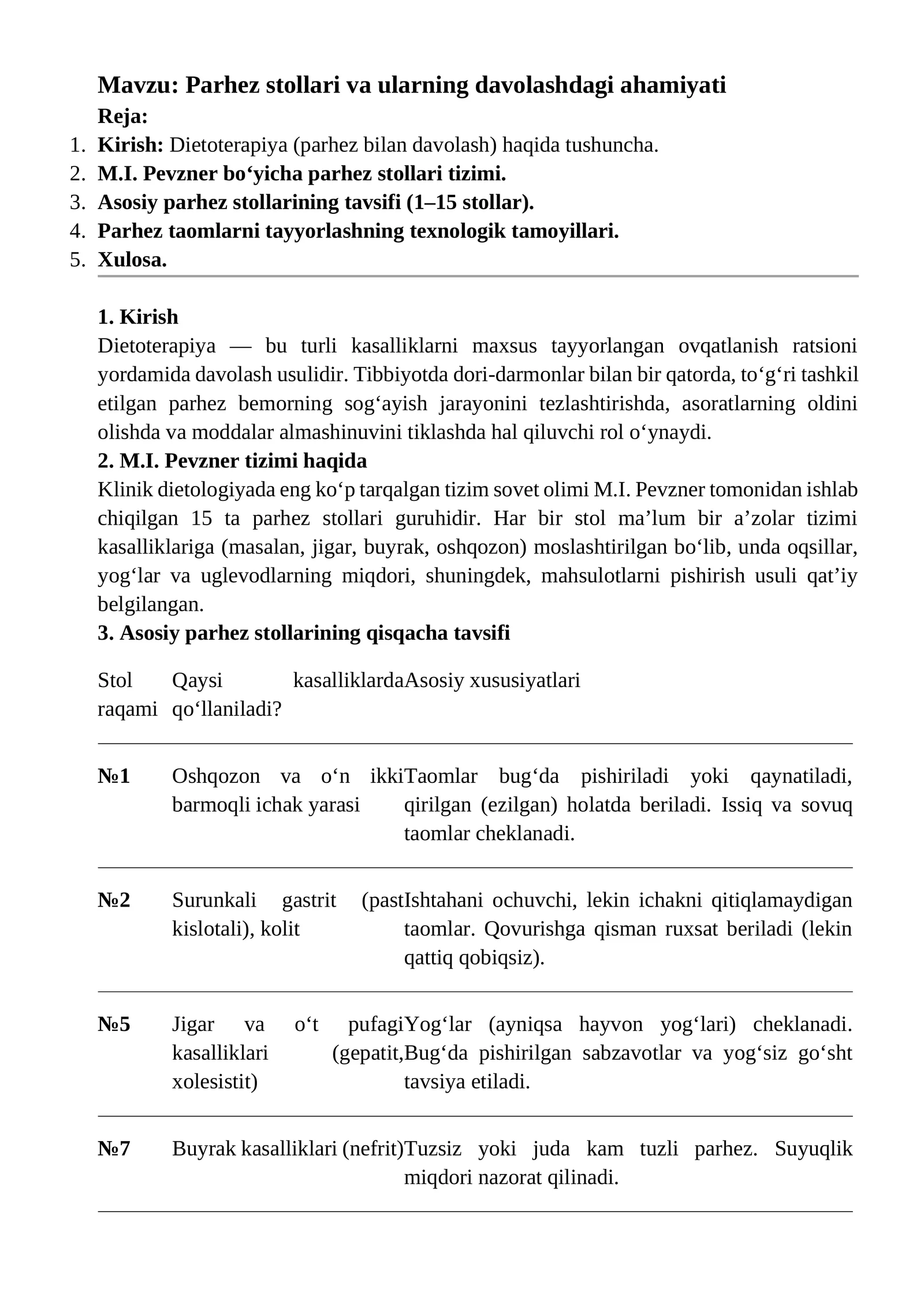 Parhez stollari va ularning davolashdagi ahamiyati