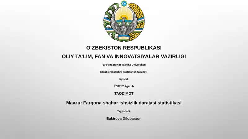 Fargona shahar ishsizlik darajasi statistikasi