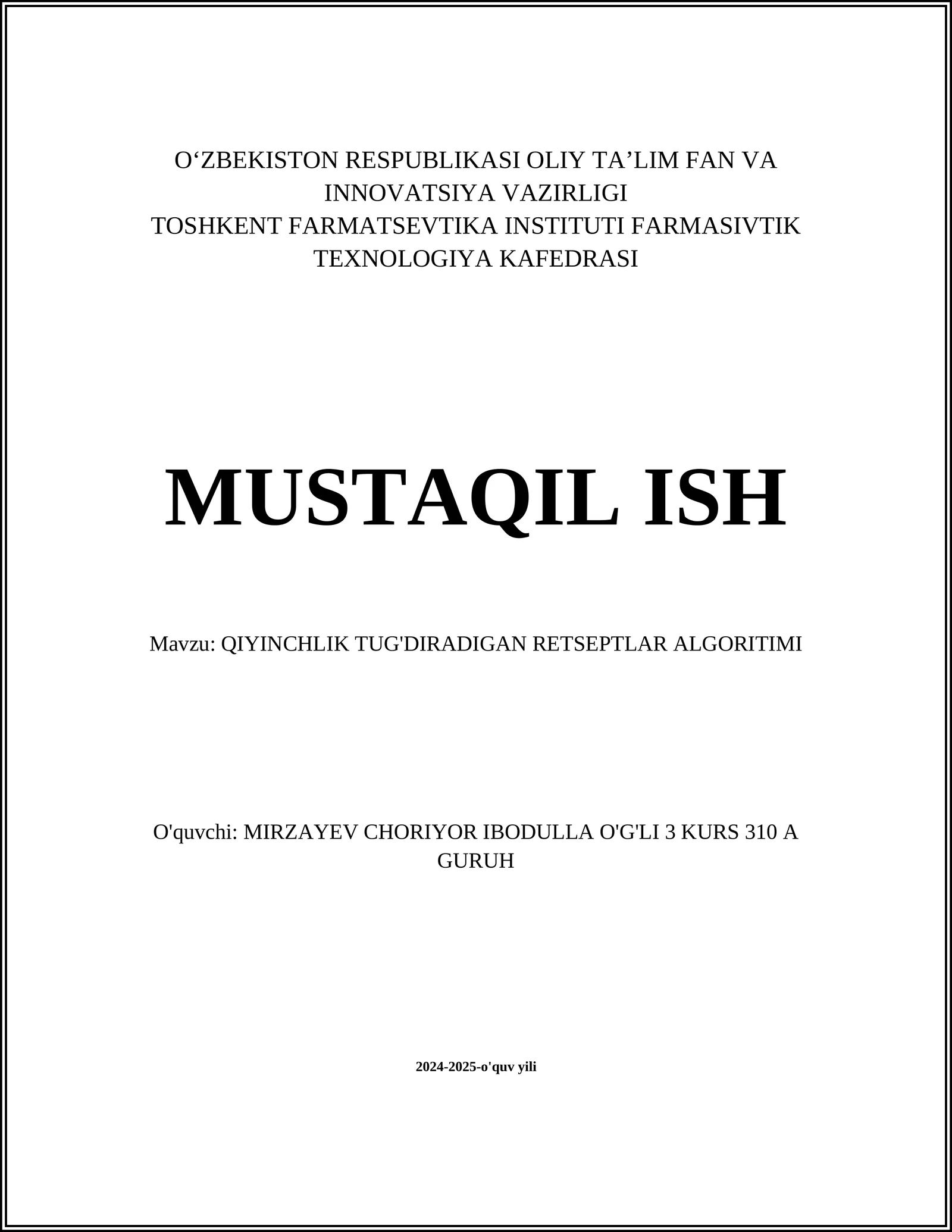 QIYINCHLIK TUG'DIRADIGAN RETSEPTLAR ALGORITIMI