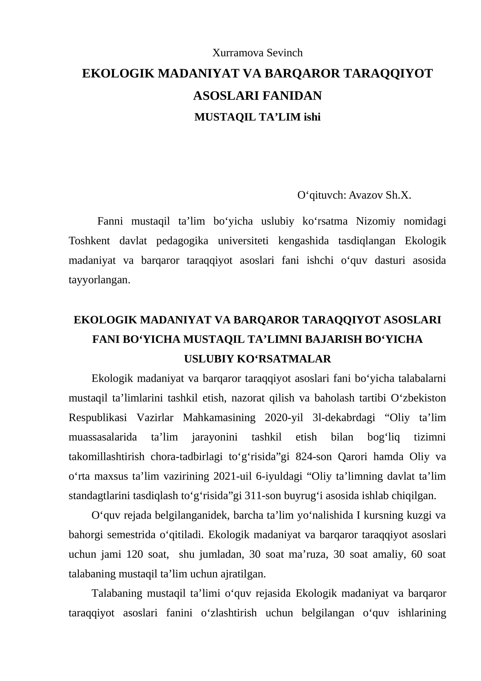 EKOLOGIK MADANIYAT VA BARQAROR TARAQQIYOT ASOSLARI FANIDAN MUSTAQIL TA’LIM ishi