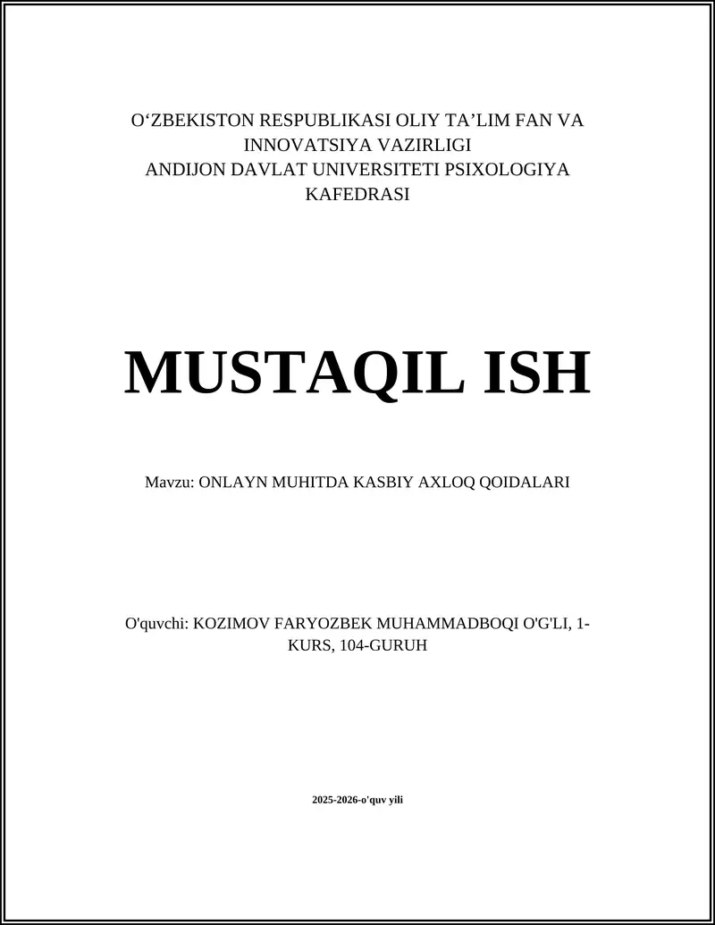 ONLAYN MUHITDA KASBIY AXLOQ QOIDALARI