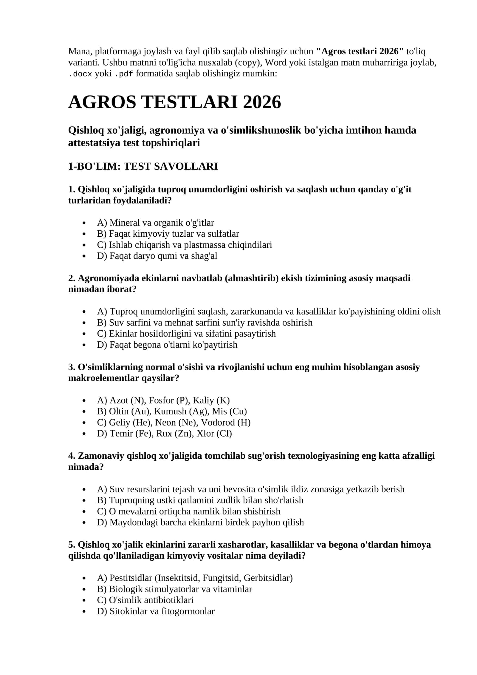 Agros testlari 2026 (Javoblari va tahlili bilan)
