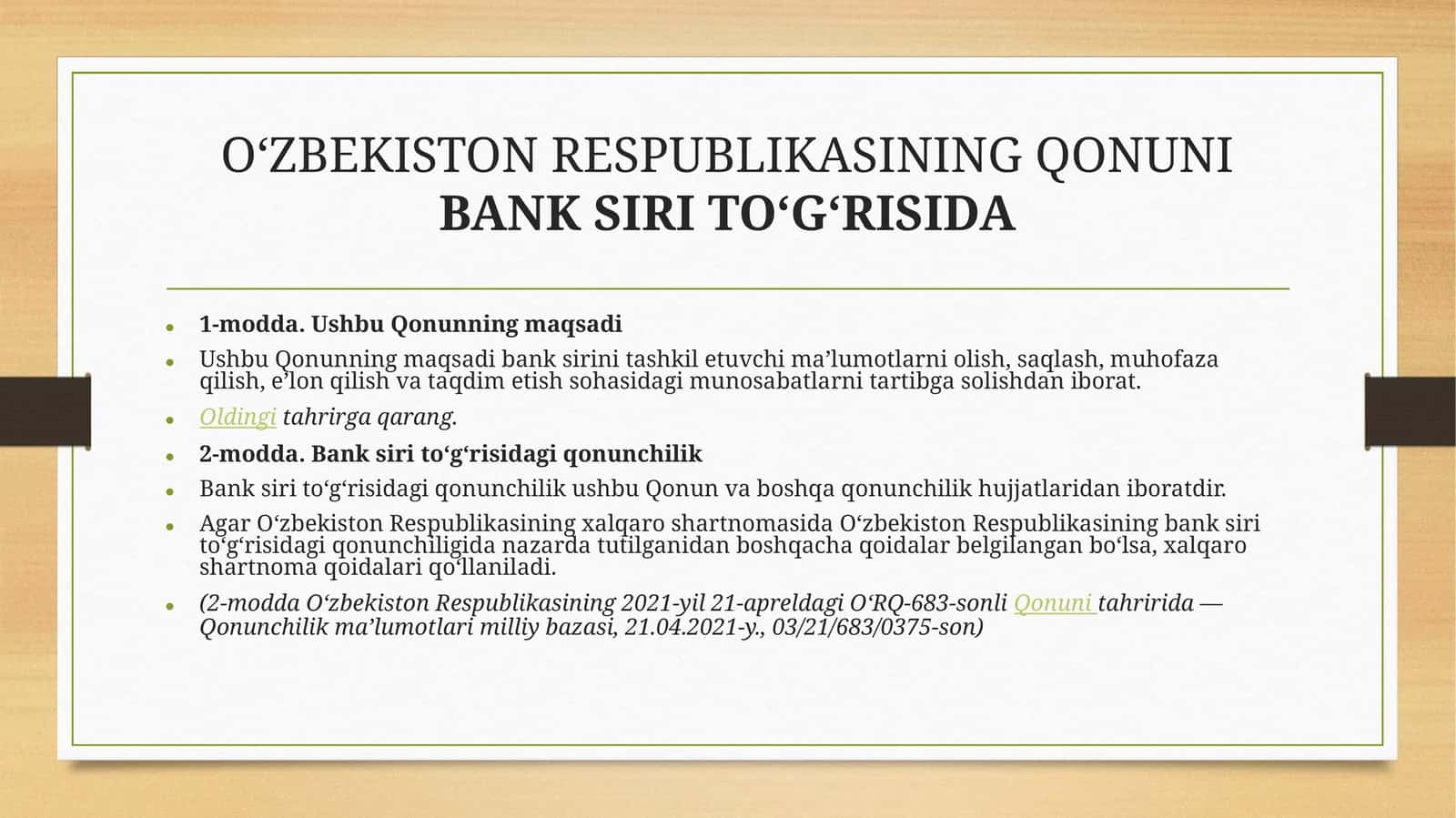 Oʻzbekiston Respublikasining qonuni BANK SIRI TOʻGʻRISIDA
