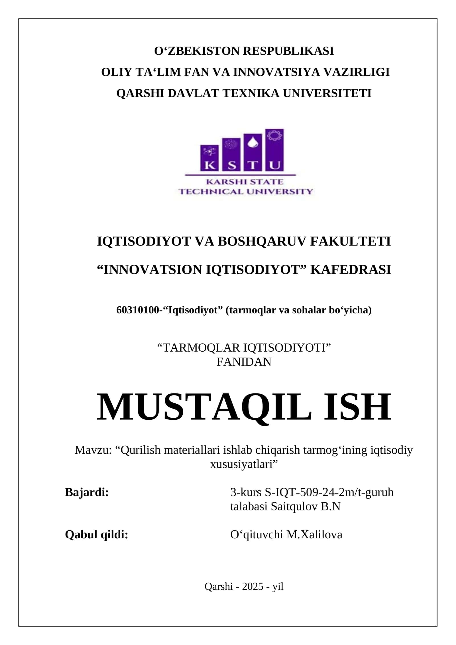 “Qurilish materiallari ishlab chiqarish tarmogʻining iqtisodiy xususiyatlari”
