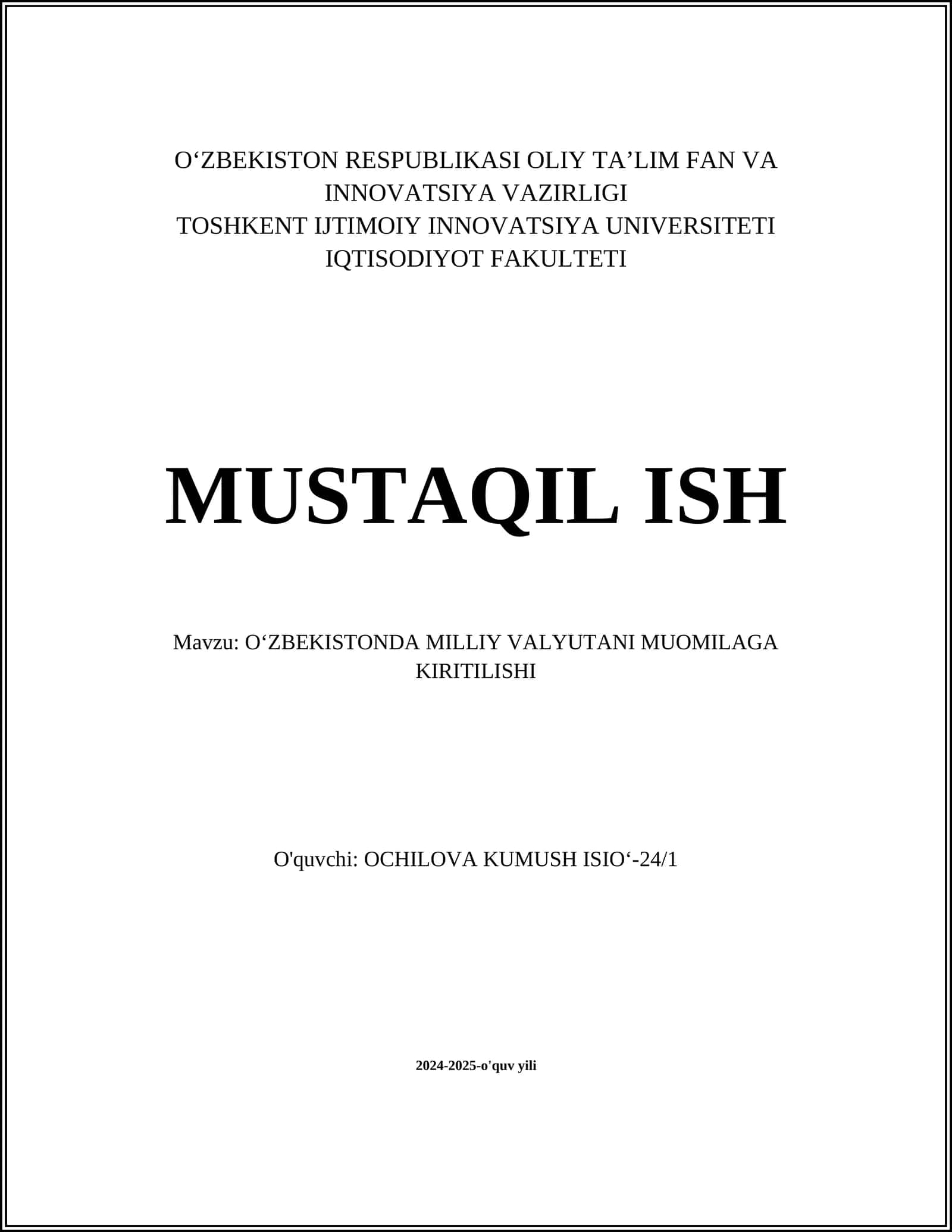 OʻZBEKISTONDA MILLIY VALYUTANI MUOMILAGA KIRITILISHI