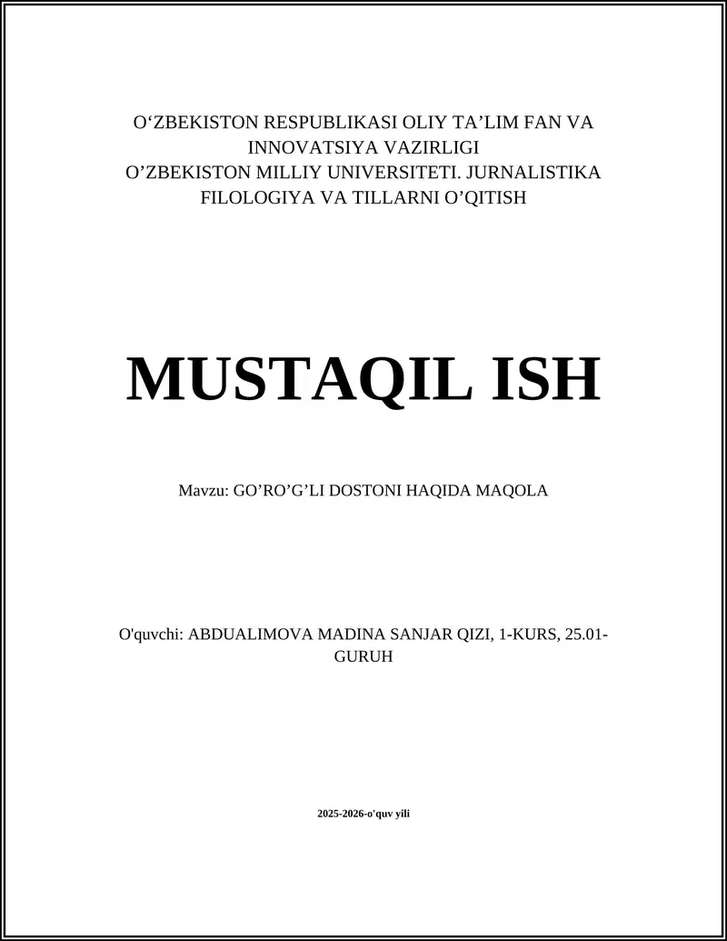 GO‘RO‘G‘LI DOSTONI HAQIDA MAQOLA