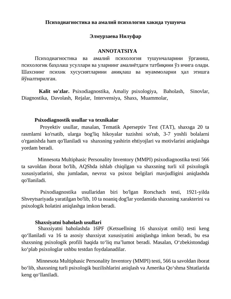 Психодиагностика ва амалий психология хакида тушунча